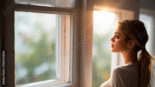 Woman Looks out the Window at Sunset While Standing in a Room With Bright Lig...