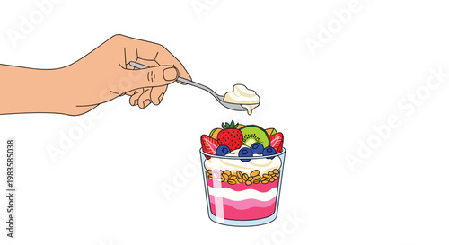 A meticulous hand uses a silver spoon to scoop creamy white yogurt from a vibrant breakfast parfait layered with fresh strawberries and kiwi slices.