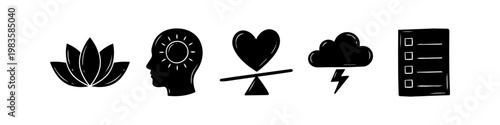 Set of hand-drawn mental health and wellness icons including a lotus flower, head with sun, heart on balance, storm cloud, and checklist. Perfect for self-care, psychology, and mindfulness concepts.