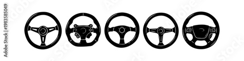 Foto Set of five steering wheel silhouettes, including classic racing, modern multi-function, and gaming simulator designs