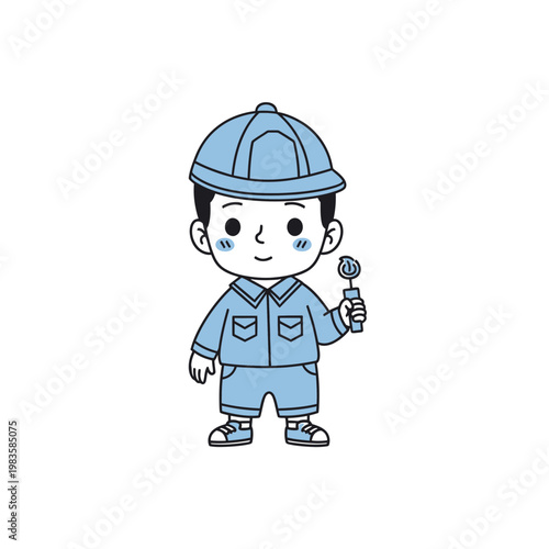 Cute Cartoon Boy in Blue Construction Worker Uniform Holding Tool