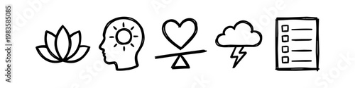 Hand-drawn mental health icon set featuring a lotus, positive mind, emotional balance, storm cloud, and checklist. Vector doodles for wellness and self-care concepts on white background.