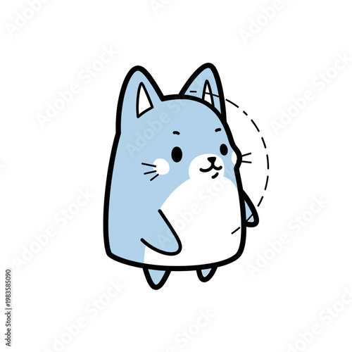 Cute Blue Kawaii Cat Character Doodle Illustration Isolated on White