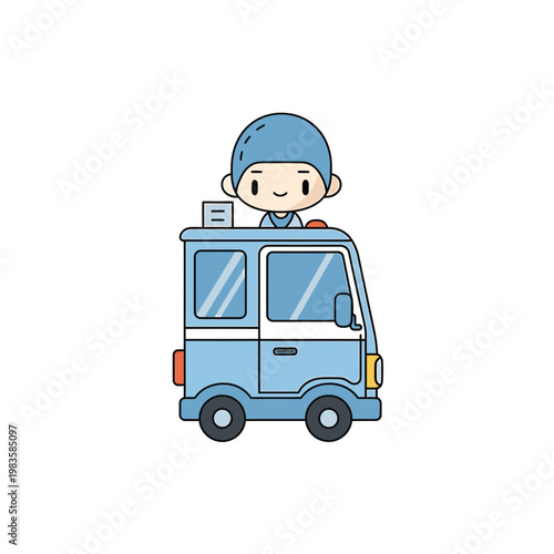 Cartoon Delivery Man Mascot with Blue Mini Truck Vector