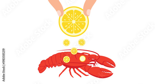 Two hands carefully squeeze a bright yellow lemon slice to release fresh citrus juice over a whole cooked red lobster on a pristine white background.