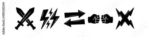 Set of black versus icons featuring crossed swords, clashing lightning bolts, opposing arrows, and fists. Minimalist battle and competition symbols for gaming, sports, and business rivalry.