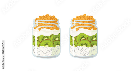 Two identical glass jars showcase healthy chia seed pudding topped with vibrant green kiwi slices and a generous layer of crunchy golden granola clusters.