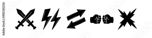 Set of black versus icons featuring crossed swords, lightning bolts, opposing arrows, bumping fists, and an impact symbol. Ideal for competition, battle, gaming, and sports concepts.