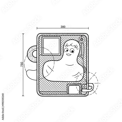 Technical Schematic Blueprint of a Cute Cartoon Character