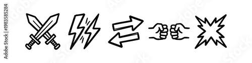Set of hand-drawn battle and conflict icons featuring crossed swords, lightning, opposing arrows, clashing fists, and explosion in a minimalist doodle style on white background.