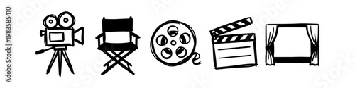 Set of hand-drawn cinema and filmmaking icons in a minimalist black doodle style. Includes a movie camera, director's chair, film reel, clapperboard, and theater screen.