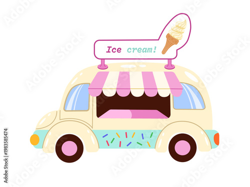 Retro style ice cream van decorated with colorful sprinkles and a sweet treat sign. Isolated mobile food truck for summer vacation and cafe designs.