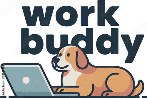 Dog with laptop text work buddy flat design computer