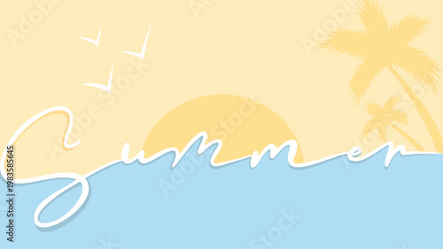 Minimalistic banner in warm colors, summer landscape. A blue wave with the inscription Summer. A flat vector illustration recreation, travel, summer mood, sales, discounts, invitations, copy space