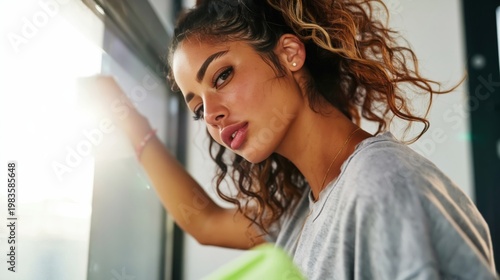 Woman Looks out Window With a Green Object in Hand During Sunny Day Indoors