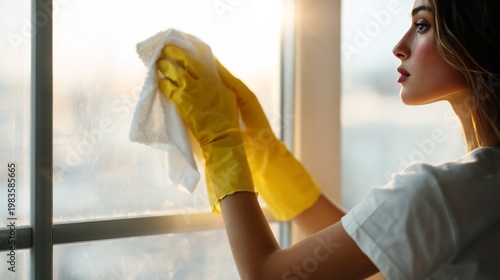 Young Woman Cleaning Window in Sunlight While Smiling in Indoor Space