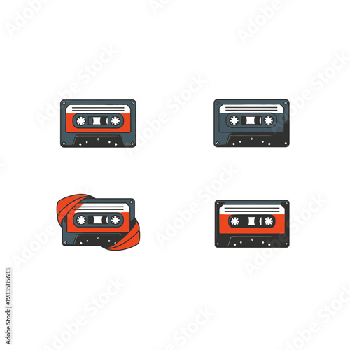 Set of Vintage Retro Audio Cassette Tape Illustrations on White