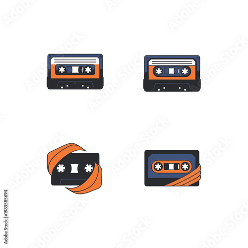 Set of Retro Cassette Tape Icons in Vintage Style