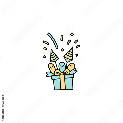 Cute festive gift box with happy characters and colorful confetti