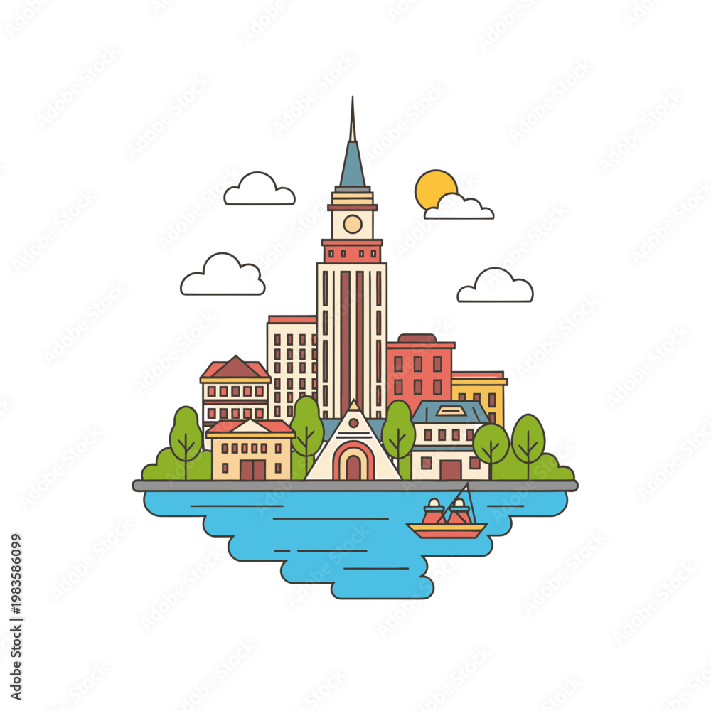 Fototapeta premium Flat Line Art City Skyline Illustration with River and Boat