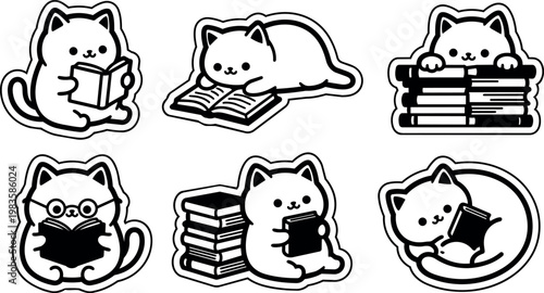 Black and white line art cute cats reading books collection