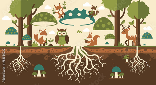 Whimsical forest ecosystem with animals and trees.