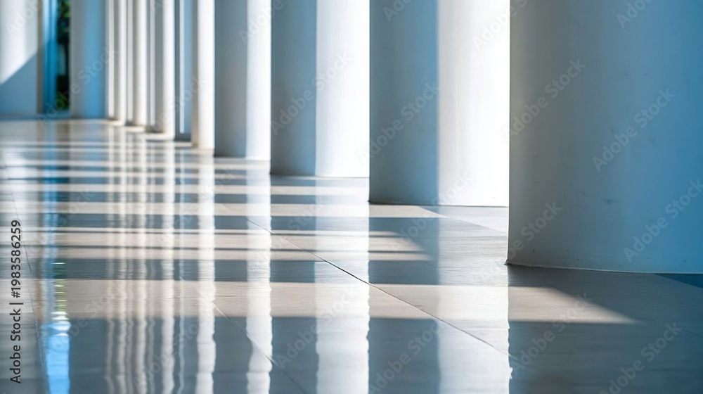 Naklejka premium Shadows Cast by White Columns in a Bright Hallway During Daylight