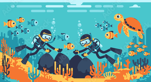 scuba divers exploring coral reef underwater.