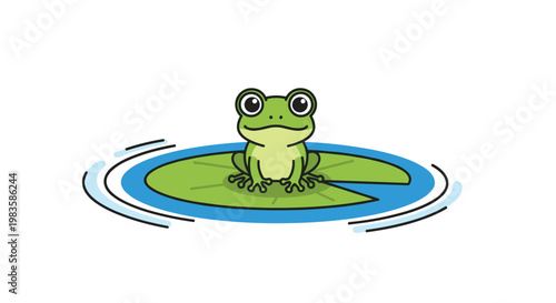A cute observant green frog sits patiently in the center of a round lily pad floating atop circular blue water ripples against a clean white background.