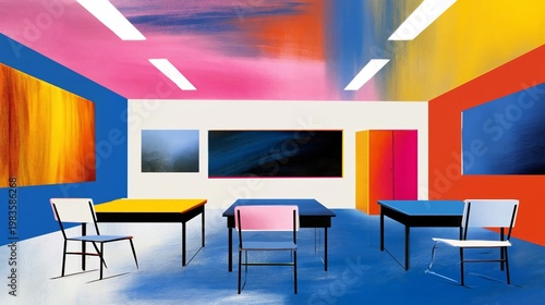 Colorful Room With Tables and Chairs in Creative Space During Day
