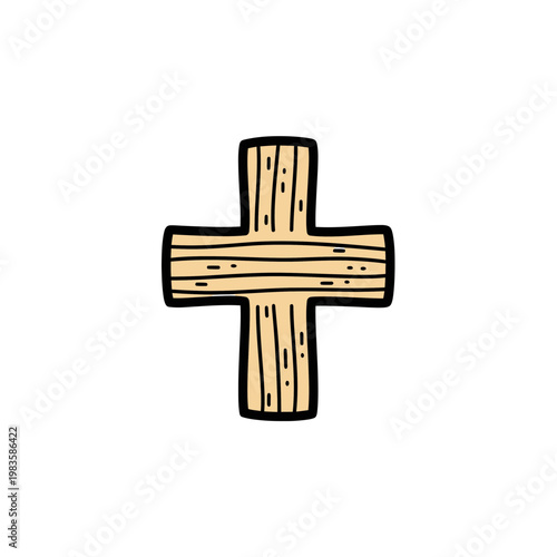Hand Drawn Wooden Christian Cross Icon on White Background