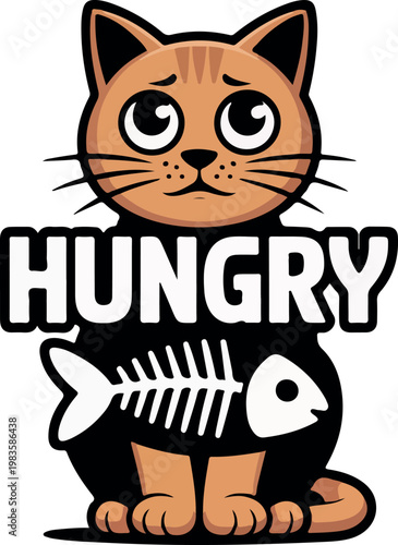 Sad cartoon orange cat with fish skeleton inside hungry
