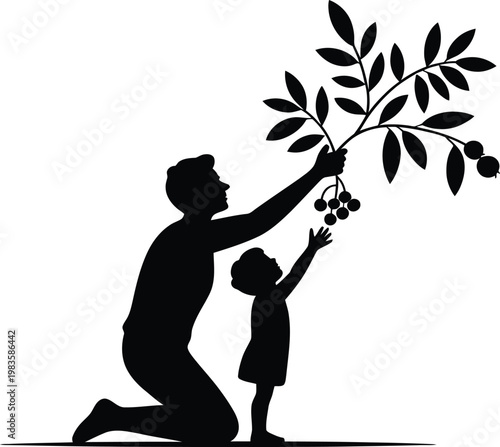 An adult helps a child pick fruit from a tree together in a simple illustration