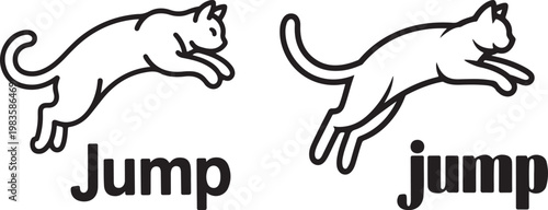 Two black line art cats mid jump with the word jump