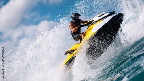 Person Rides a Yellow Jet Ski on Water During a Sunny Day at the Beach With W...