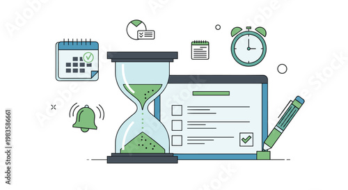 A comprehensive time management illustration features a large glass hourglass alongside a digital tablet displaying a checklist in a clean green and blue palette.