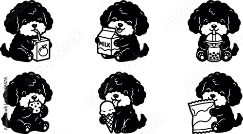Puppy drinking juice milk bubble tea eating cookie ice cream and chips