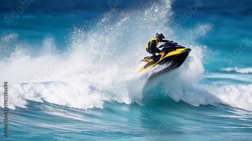 Person Riding Jet Ski Through Ocean Waves on Sunny Day Near Beach