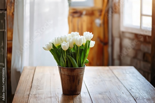 White Tulips in a Metal Pot on a Wooden Table by the Window in a Bright Room