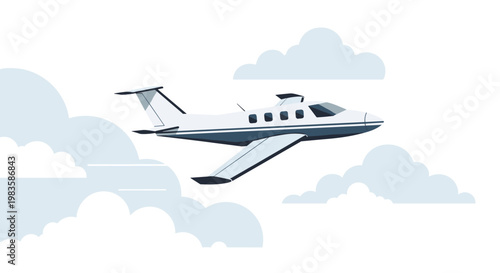 A sleek white private jet with blue accents glides effortlessly through a sky filled with soft layered clouds under bright daylight conditions today.