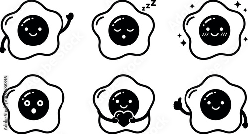 Black and white happy fried egg emoji vector art set with smile and expressions