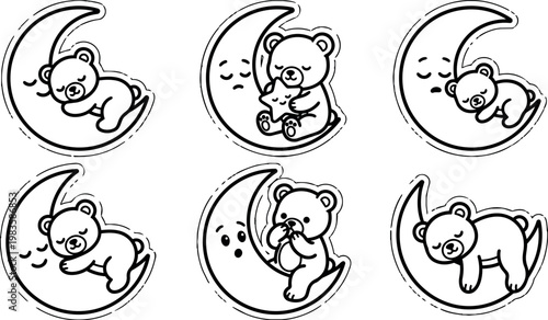 Black and white line art sleeping bears hugging crescent moon collection