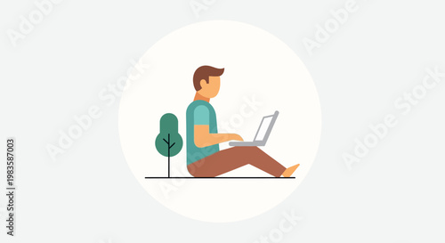 Man sitting with laptop outdoors leisurely.