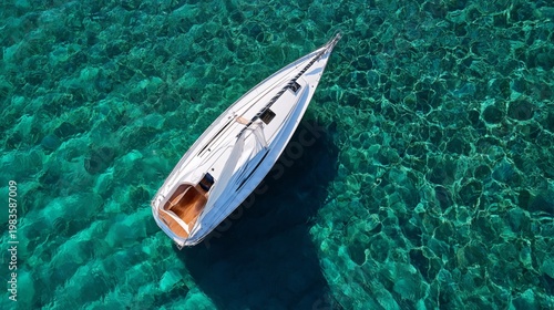Sailboat Floats on Clear Water Near a Tropical Beach During Sunny Day