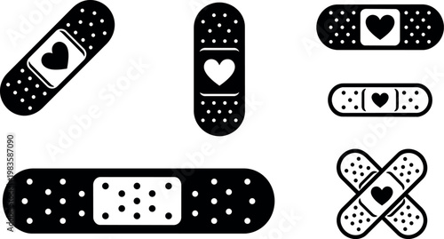 Black and white bandage icons with heart symbol in flat vector art