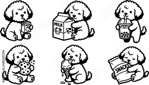 Black and white line art puppies drinking milk juice and bubble tea eating cookie ice cream and snacks