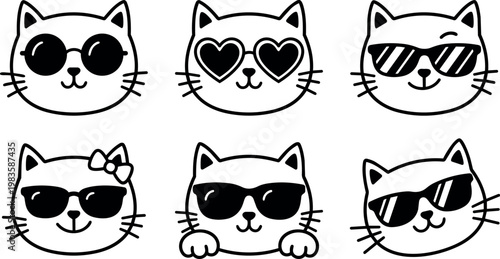 Black and white cat faces with sunglasses and heart shaped eyes vector art