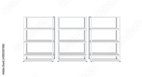 Three identical four-tier white metal storage racks are positioned side-by-side in a clean and organized manner against a minimalist white background.