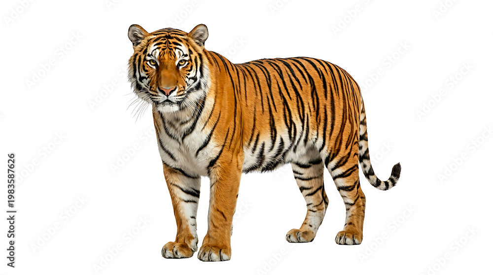 Obraz premium Majestic tiger standing alone looking forward on transparent background