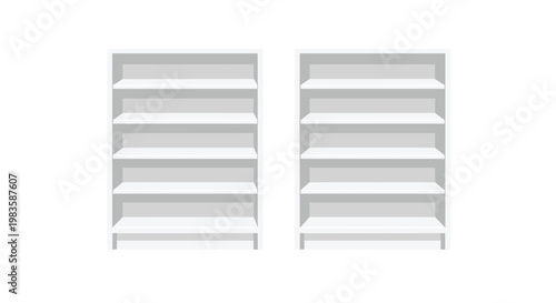 Two pristine white wooden bookshelves with five spacious tiers stand symmetrically against a clean white background in a bright minimalist interior setting.